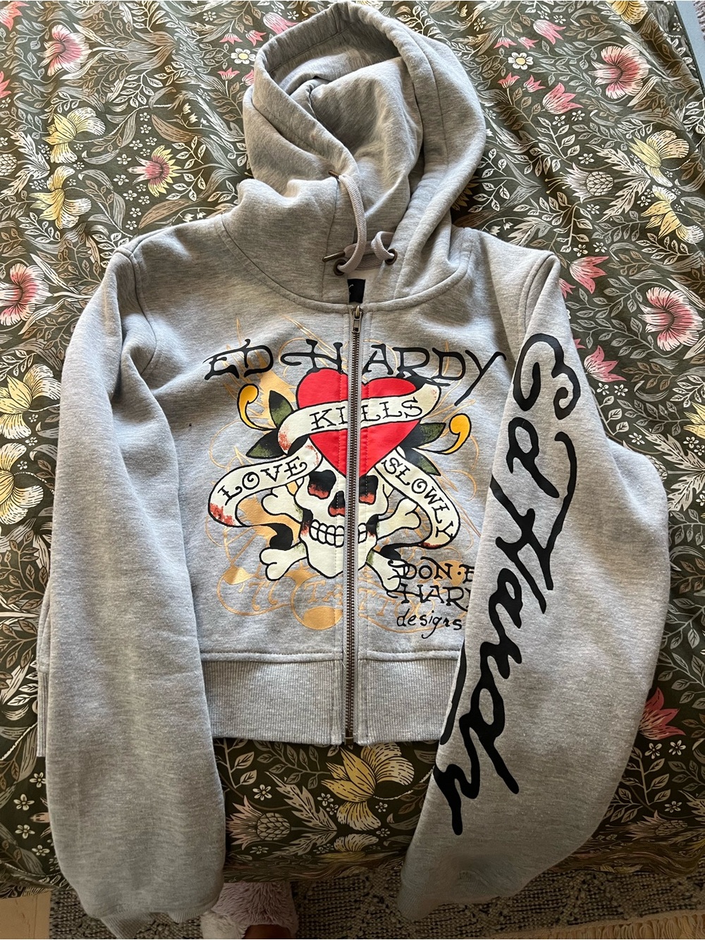 Ed Hardy Grey Girls' Zip-Up Hoodie with Heart & Skull Graphic